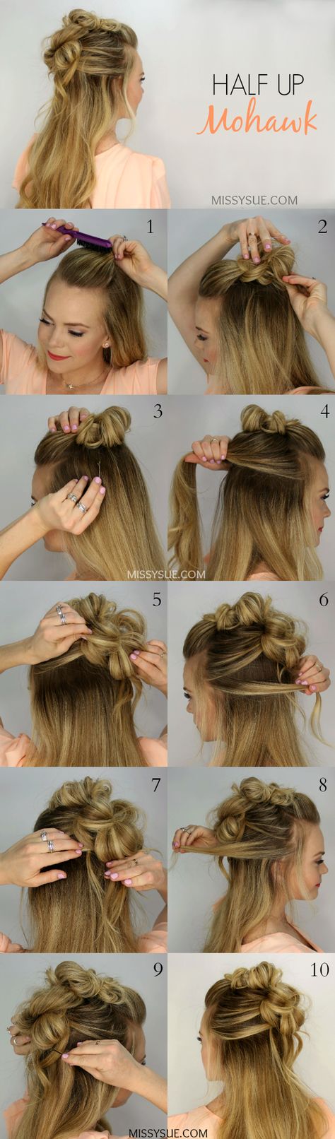 Mohawks have been all the rage recently. I’ve been loving them personally and featured a few tutorials including the Mohawk Braid Top Knot, Messy Bun Mohawk, Mohawk French Braid Updo. This tutorial wa Half Up Mohawk, Faux Mohawk, Braid Updo Tutorial, Mohawk Updo, Missy Sue, Braided Top Knots, Lumpy Space, Mohawks, Mohawk Braid