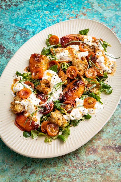 Stracciatella Salad, Stracciatella Recipe, Confit Tomatoes, Stracciatella Cheese, Tarragon Vinaigrette, Sourdough Croutons, Contrasting Textures, Great British Chefs, Peach Salad