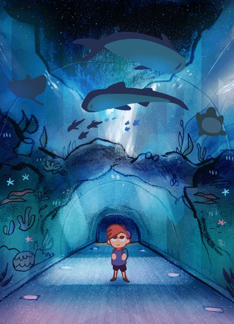 Künstler des Tages: Louie Zong Aquarium Illustration, Aquarium Drawing, Fish Animation, Louie Zong, Big Aquarium, Ocean Illustration, Concert Poster Design, Moving Images, Animal Drawing