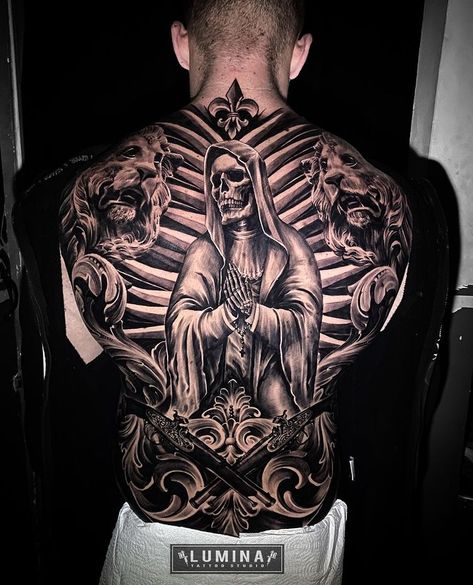 LUMINA_TATTOO_STUDIO⚜️ (@hendrawan_luminatattoo) • Instagram photos and videos Santa Muerte Tattoo, Rug Tattoo, Tatoo Styles, Lion Tattoo Sleeves, Tattoo Lettering Design, Aztec Tattoo Designs, Pirate Tattoo, Skull Sleeve Tattoos, Back Piece Tattoo