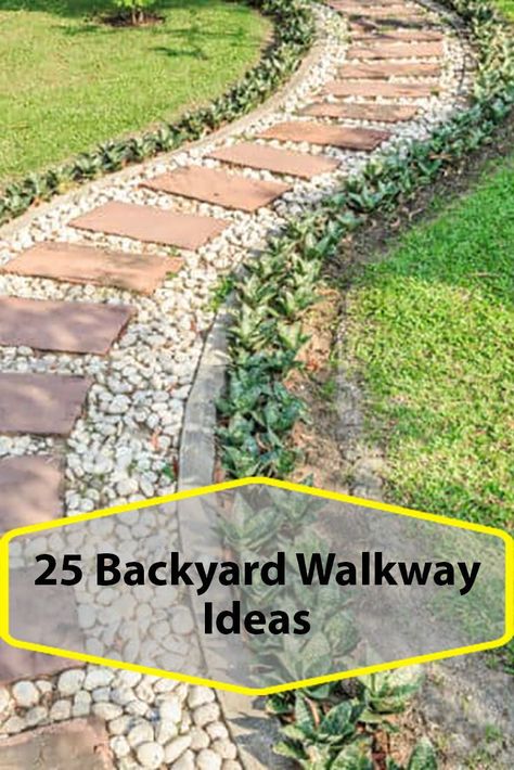 This beautiful design for a backyard and walkway combines pavers and pebbles - check out the other designs Brick Backyard Landscaping, Rock Garden Beds Front Yards, Pavers With Stones In Between, Walkways On Slopes, Pavers For Walkway Pathways, Edging For Pea Gravel Patio, Walkway On Sloped Yard, Backyard Patio Walkway, Stepping Pavers Pathways