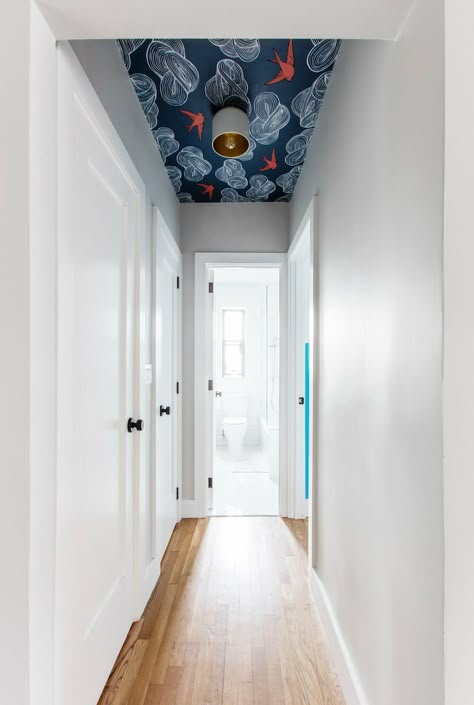 Wallpaper On The Ceiling, Wallpaper Hallway, Geometric Removable Wallpaper, Hallway Ceiling, Hallway Wallpaper, Ceiling Wallpaper, Hallway Inspiration, Wallpaper Ceiling, Ceiling Ideas