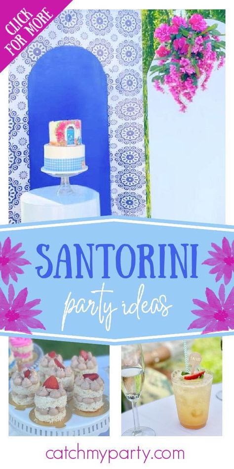 Santorini Birthday Theme, Mykonos Themed Party, Santorini Themed Party, Santorini Party, Magenta Party, Greece Party, Birthday Dinner Menu, Summer Party Planning, 75th Birthday Parties