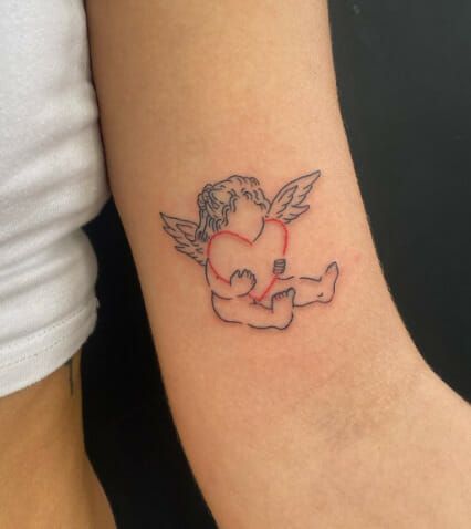 Angel Line Tattoo, Little Angel Tattoo, Cherub Angel Tattoo, Small Angel Tattoo, Baby Memorial Tattoos, Memorial Tattoo Designs, Clothes Simple, Baby Tattoo Designs, Tattoo Red