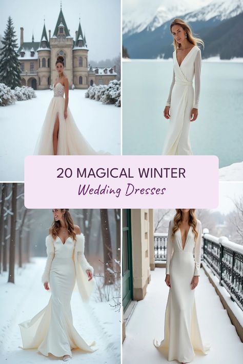 Planning your perfect winter wedding? These 20 magical winter wedding dresses will inspire you to become the snow princess of your dreams. From a simply elegant silk gown to a long-sleeved wrap dress that provides cozy comfort during those chilly ceremonies, we have something for every bride. Imagine twirling in a stunning satin mermaid gown with a beautiful shawl or shining in a chic crepe gown. Let these winter bridal gown ideas ignite your creativity and help you choose an outfit that's perfect for a dreamy winter wedding day. Snow Wedding Dress Dream Dresses By Pmn, Winter Wedding Bride, Long Sleeve Winter Wedding Dress, Winter Elopement Dress, Winter Wedding Fur Dress, Snow Wedding Dress, Winter Wedding Dress Fur, Winter Weddinf Shawl, Winter Wedding Dress Fur Shawl