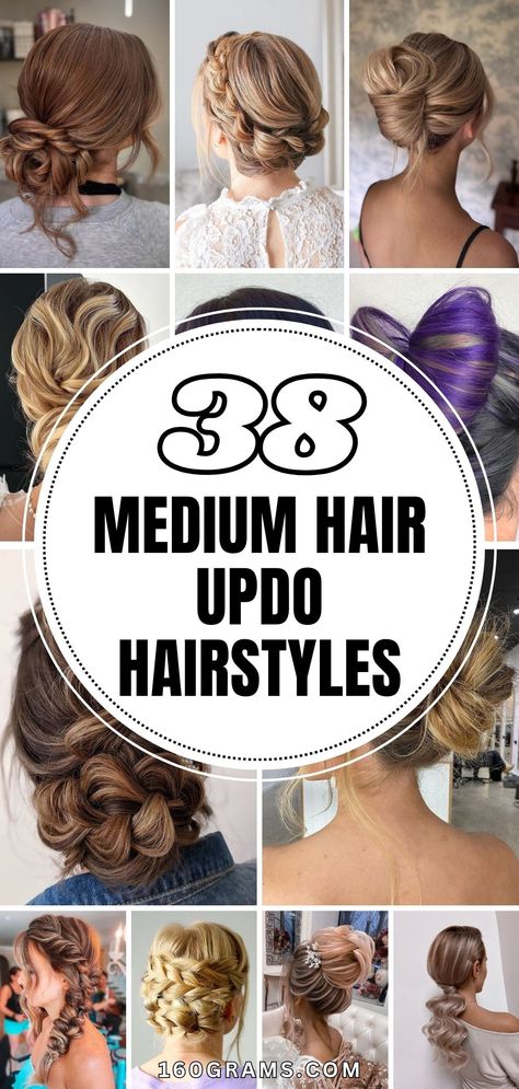 Save this pin for a collection of modern and chic medium hair updos you'll absolutely love! Perfect for any occasion, these updos will take your hairstyle game to the next level. #MediumHairUpdos #HairInspo #FashionBlog Updo With No Part, Updo Easy Medium Hair, Updos For Medium Length Hair Mother Of The Bride, Updo For Long Hair Bridesmaid, Hairstyles For Medium Length Hair For A Wedding, Thick Bridesmaid Hair, Homecoming Hairdos For Medium Hair, Updos For Medium Fine Hair, Beautiful Updos For Medium Hair