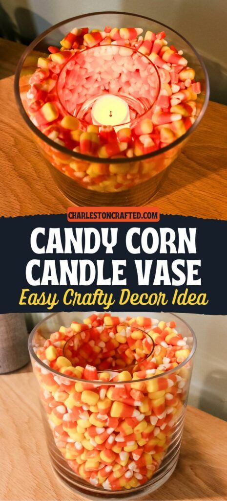 Want to make a fun, fall-inspired table centerpiece or decor? Here’s how to make a DIY Candy Corn Vase Candle Holder! Candy Corn Vase, Diy Candy Corn, Candy Corn Candles, Crafty Decor, Kid Friendly Crafts, Be Silly, Diy Candy, Candle Vase, Vase Candle Holder