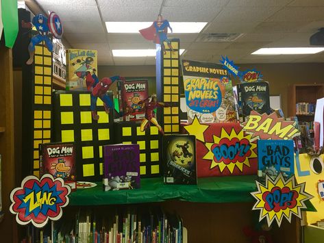 Graphic novel library display. Graphic Novel Display For Library, Graphic Novel Library Display, Graphic Novel Display, National Comic Book Day, Comic Display, Comic Book Display, School Library Book Displays, School Book Fair, School Library Decor