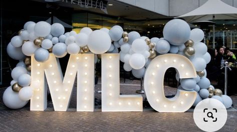 Stage Decor Balloons, Prom Letters Ideas, Name Marquee Letters With Balloons, Conference Balloon Decor, Light Up Letters With Balloons, Grad Letters With Lights, Marquee Letters With Balloons, Baloon Garland, Ball Balloons