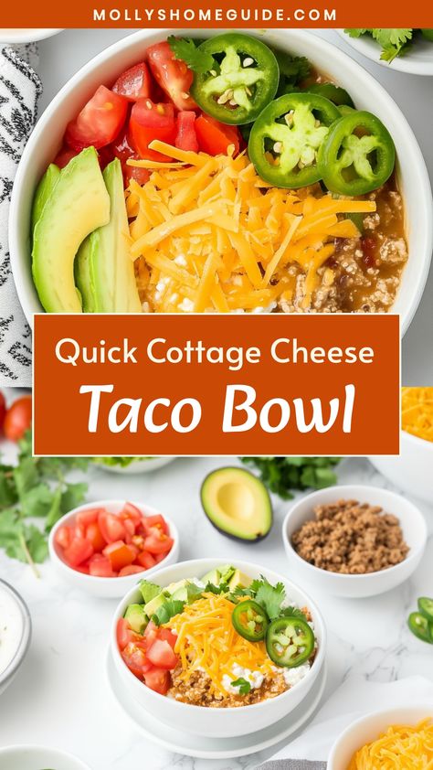 Looking for a quick and delicious meal idea? Try this Cottage Cheese Taco Bowl recipe! Packed with protein and flavor, this bowl is perfect for lunch or dinner. Simply combine cottage cheese with your favorite taco toppings like salsa, avocado, black beans, and corn. Customize it to your liking by adding some cilantro or jalapenos for an extra kick. It's a healthy and satisfying option that is easy to make in just a few minutes.

Ingredients
1/2 cup low-fat cottage cheese
1/2 cup cooked taco mea Taco Bowl With Cottage Cheese, What To Mix With Cottage Cheese, Cottage Cheese Dinner Bowl, Taco Meat And Cottage Cheese, Cottage Cheese Tacos, Cottage Cheese Weight Watchers Recipes, Cottage Cheese Lasagna Bowl, Breakfast Cottage Cheese Bowl, Cottage Cheese Meal Prep