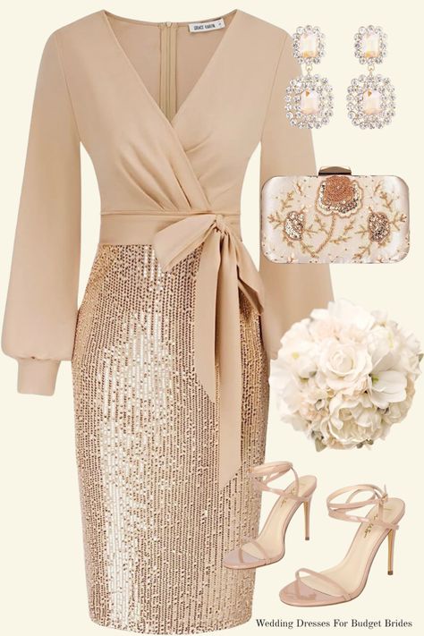 Wedding guest dress, bridesmaid dress, cocktail dress, faux flowers, beaded clutch Wedding Guest Dress Semi Formal, Late Summer Early Fall Wedding, Wedding Guest Dress Winter, Gold Dress Outfits, Champagne Gold Dress, Early Fall Weddings, Taupe Wedding, Neutral Bridesmaid Dresses, Winter Wedding Guest Dress