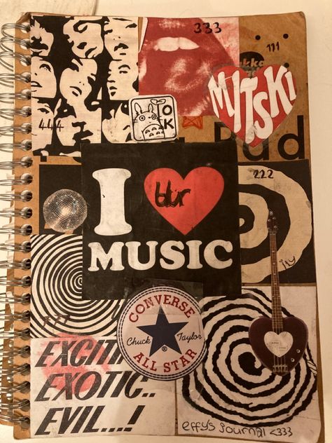 Themed Sketchbook, Skerp Book, Music Journal Ideas Inspiration, Music Diary, Journal Decoration Ideas Cover, Music Journal Aesthetic, Music Theme Journal, Music Scrapbook Ideas, Music Sketchbook Pages