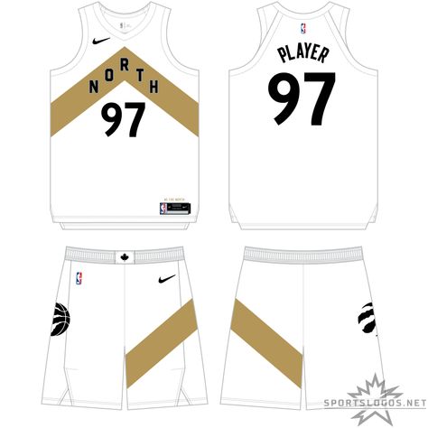 Toronto Raptors Uniform Alternate Uniform (2018/19) - For the 2018-19 season, the Raptors contunued with the black and gold Drake theme for their City Edition uniform. Switching to white as the base colour, the uniform again places a chevron (pointing to the north) across the front with NORTH inside in black, player number below in black. This chevron design is repeated on the side of the shorts. SportsLogos.Net Best Basketball Jersey Design, Basketball Jersey Design, Nba Uniforms, Flat Sketches, Word Mark Logo, Basketball Uniforms, Virtual Museum, Sports Logos, Uniform Design