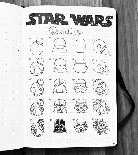 💪💪💪 This spread features two of my favorite characters in the series! Who is your favorite Star Wars character? . . . #bulletjournal #bujo… Star Wars Doodles, Sketchbook Ideas Easy, Doodle Tutorial, Star Wars Art Drawings, Easy Art Lessons, Drawing Stars, Star Wars Character, Star Wars Drawings, Star Wars Tattoo