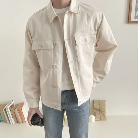 Cream Jacket Outfit Men, Cream Jacket Outfit, White Jean Jacket Outfits, Kpop Fashion Men, Mens Smart Casual Outfits, Shirt Outfit Men, Minimalist Fashion Men, Jean Jacket Outfits, Spring Outfits Men