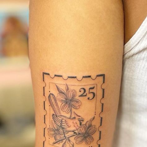 Dogwood Stamp Tattoo, Vintage Cardinal Tattoo, Cardinal Stamp Tattoo, Two Cardinals Tattoo, Virginia Tattoo, Postage Stamp Tattoo, Dogwood Tattoo, Cardinal Tattoo, Simple Tats