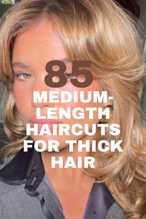 A medium-length, golden blonde hairstyle with soft waves and curtain bangs, styled for thick hair with added volume. Quick Hairstyles For Thick Hair Simple, Coarse Thick Hair Haircuts, Medium Length Haircut For Thick Hair Long Layered Short Hairstyles, Haircuts For Super Thick Hair, Curtain Bangs For Thick Hair, Hairstyles Thick Hair Medium, Medium Thick Haircut, Haircuts For Thick Hair Medium, Haircuts For Thick Coarse Hair