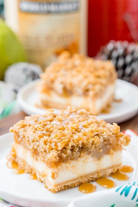 These Caramel Pear Cheesecake Bars are decadent layered bars represent traditions old and new, and are a perfect dessert for sharing this holiday season! Pear Cheesecake, Layered Bars, Eggnog Cheesecake Recipe, Cranberry Cheesecake Bars, Caramel Cheesecake Bars, Pear Dessert Recipes, Holiday Song, Caramel Pears, Pear Dessert