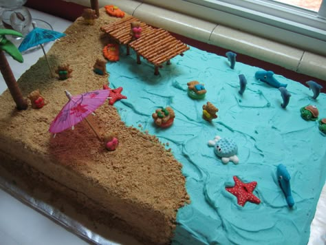 Summer beach cake « Frazi\’s cakes Hawaiian Theme Cakes, Full Sheet Cake, Beach Birthday Cake, Dolphin Cakes, Torte Creative, Pool Cake, Beach Themed Cakes, Beach Cake, Beach Birthday Party