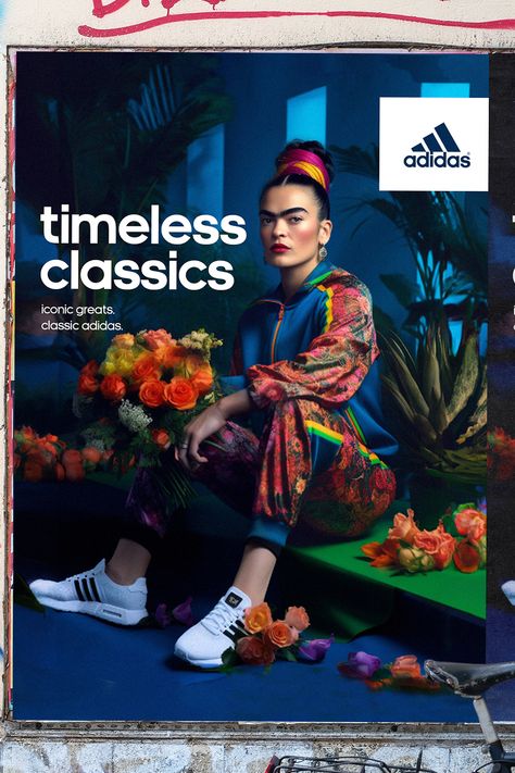 Frida Kahlo generated by AI in an Adidas poster concept Creative Art Direction, Adversting Poster, Brand Campaign Creative Advertising, Building Poster Design, Fashion Marketing Campaign, Adidas Poster, Photoshop Magic, Graphic Design Portfolio Book, Event Concept