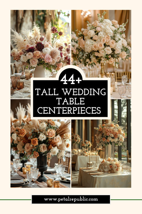 Elevate your reception with stunning tall wedding table centerpieces! Discover elegant designs featuring cascading florals, lush greenery, and dramatic arrangements perfect for grand celebrations. These towering centerpieces create a show-stopping focal point in classic to modern styles. Explore ideas for seasonal blooms, color palettes, and unique designs to complement your wedding theme. Save your favorites and design the perfect tall centerpieces for your big day! Tall Flower Arrangements For Table, Round Table Tall Centerpieces Wedding, High Centerpiece Wedding Romantic, Glam Flower Arrangements, Elegant Flower Arrangements Wedding, Wedding Reception Decorations Table Centerpieces Floral Arrangements, Tall Centerpiece Wedding Elegant, High Top Table Centerpieces, Tall Flower Arrangements Wedding