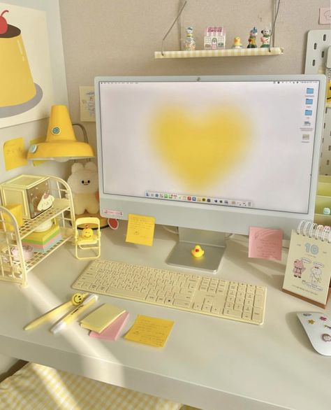 Imac Stand, Yellow Desk, Dream Desk, Study Desk Decor, Desk Layout, Desk Inspo, Preppy Room Decor, Study Room Decor, Mac Wallpaper