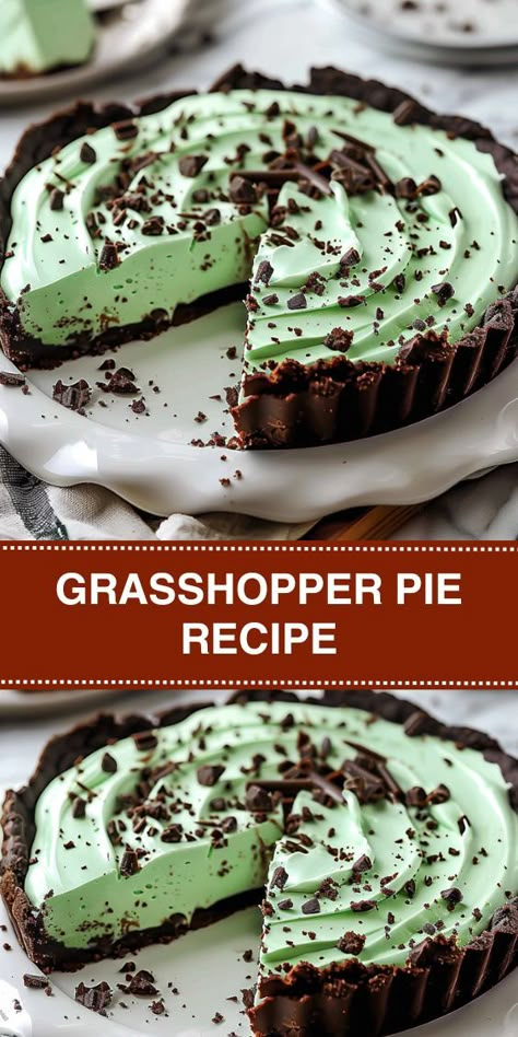 Looking for a refreshing and easy dessert? Try this Grasshopper Pie recipe! Made with a crunchy Oreo crust and a creamy mint filling, this no-bake dessert is perfect for any occasion. Featuring creme de menthe and creme de cacao liqueurs, it offers a delightful blend of mint and chocolate flavors. Top it with chocolate shavings or extra cookie crumbs for the perfect finishing touch. Simple to make and absolutely delicious, this Grasshopper Pie is sure to impress your guests. Easy Grasshopper Pie, Mint Pie No Bake, Chocolate Mint Pie Recipes, Mint Oreo Dessert Recipes, Grasshopper Pie Creme De Menthe, Mint Oreo Dessert, Chocolate Mint Pie, Mint Recipes Dessert, Grasshopper Recipe