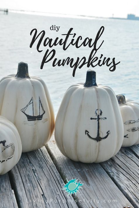 Coastal Fall Decor Ideas, Pumkin Decoration, Nautical Stencils, Diy Nautical, Coastal Fall, Fall Beach, Nautical Diy, Coastal Holiday, Painted Pumpkin