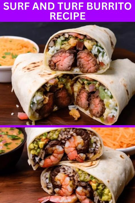 Indulge in the ultimate fusion with our Surf and Turf Burrito Recipe: a tantalizing blend of ocean-fresh seafood and savory meats in every bite!” Seafood Burrito Recipe, Surf And Turf Burrito Recipe, Surf And Turf Recipes, Surf N Turf Recipes, Cheese Alternative, Burrito Recipe, Beef Strips, Surf And Turf, Burritos Recipe