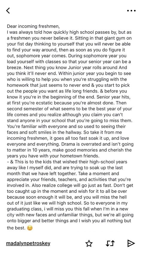 Letters To Seniors From Teammates, Senior Night Letters From Teammates, Freshman Year Quotes, Senior Letters Ideas High Schools, Senior Letters, Poems About Growing Up, Freshman Quotes, Meaningful Texts, School Days Quotes