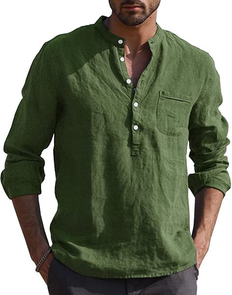 URRU Men's Linen Cotton Blend Henley Shirt Roll-up Long Sleeve Basic Summer Vintage Shirt Band Collar Plain Tee Brown XXL at Amazon Men’s Clothing store Men Long Sleeve Shirt, Men Fashion Casual Shirts, Linen Shirt Men, Mens Linen, Tops Blouse, Hooded Sweatshirt Men, Henley Shirt, Basic Long Sleeve, Men Shirt Style