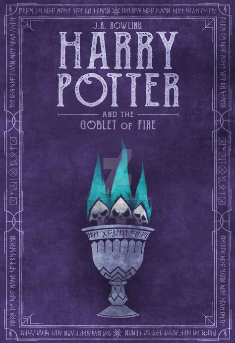 Purple book cover for Goblet of Fire, featuring a goblet ringed with runes and blue skull flames coming out of the top. Runes adorn the border of the book cover, as well as lightning bolts. Goblet Of Fire Book, Posters Harry Potter, Harry Potter Bellatrix Lestrange, Harry Potter Book Covers, Harry Potter Goblet, Purple Books, Harry Potter Book, Harry Potter Poster, Harry Potter Illustrations