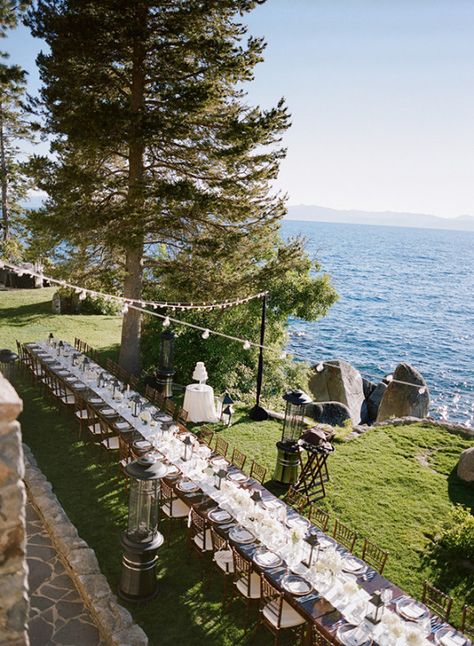 Lake Backyard Wedding, Lake Tahoe Wedding Summer, Summer Lake Wedding, Lake Wedding Reception, Lake Wedding Ideas, Exhibition Furniture, Edison Lights, Lake House Wedding, Lake Tahoe Wedding