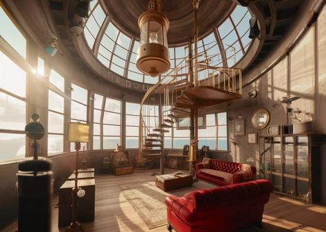 Tower Room Interior, Lighthouse Home Interior, Inside Lighthouse, Lighthouse Interior, Lighthouse Aesthetic, Lighthouse House, Lighthouse Home, Lighthouse Lamp, Aesthetic Interior Design