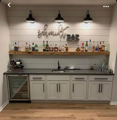 Coastal Bar Decor, Basement Bar Ledge Ideas, Rustic Wine Bar Ideas Home, Country Home Wall Decor, Wine Bar In Family Room, Small Narrow Basement Ideas Layout, Basement Serving Counter, Farmhouse Gameroom Ideas, Small Basement Multipurpose Room