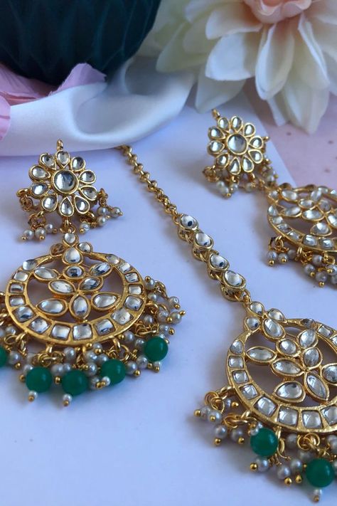 Indian Jewellery Aesthetic, Green Indian Jewellery, Green Beads Indian Jewellery, Green Maang Tikka, Kundan Jhumka Earrings, Tikka Jewelry, American Diamond Necklaces, White Pearl Earring, Maang Tikka