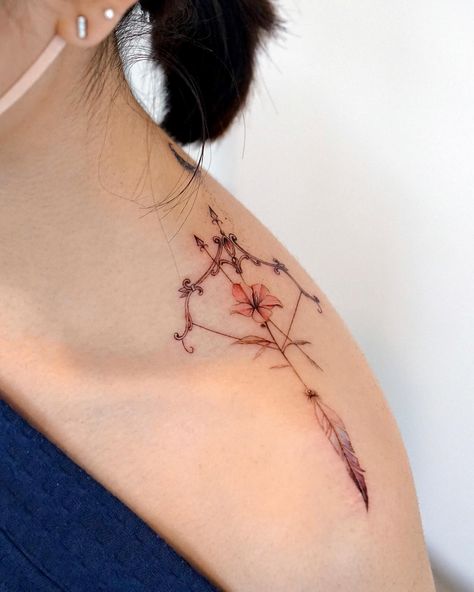 30+ Sagittarius Tattoo Design Ideas for the Seeker Within - Tattoo Inspo Hub Shoulder Tattoos For Women Meaningful, Sagittarius Flower, Sagittarius Tattoos, Tattoos For Women Meaningful, Sagittarius Tattoo Designs, Barcode Tattoo, Sagittarius Tattoo, Best Psychics, Beautiful Flower Tattoos