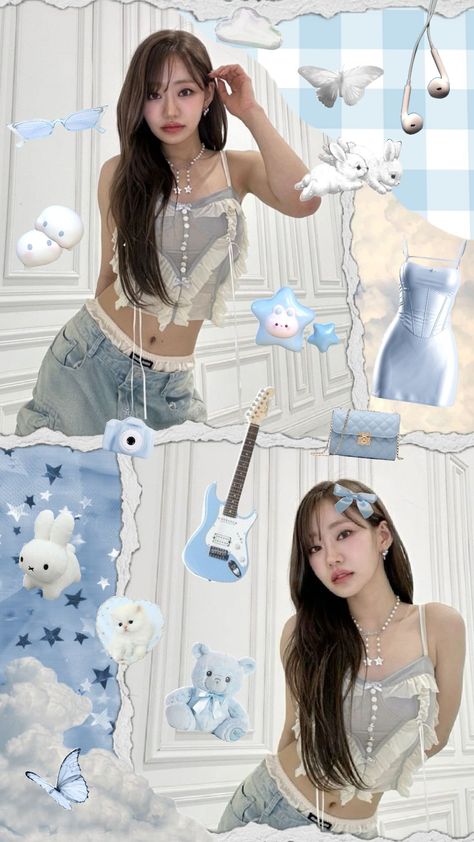 New Jeans Kpop Wallpaper Blue, Kpop Shuffle, Kpop Collage Wallpaper, Kiss Of Life Wallpaper, Kpop Shuffle Wallpaper, Gidle Collage Wallpaper, Julie Kiss Of Life Kpop Wallpaper, Julie Kiss Of Life Kpop Photoshoot, Kpop Wallpaper