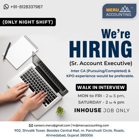 We are looking for Sr. Account Executive (for Night Shift). Call - +918128337987 Email - careers.meru@gmail.com #hiring #accountant #accountantjobs #AccountExecutive #accountexecutivejob #jobalert #accountjob Accounting Jobs, Account Executive, We're Hiring, Night Shift, Accounting