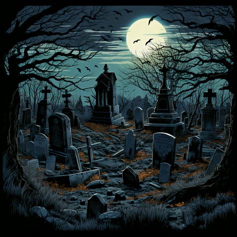 Painting Of Graveyard, Anime Graveyard, Graveyard Halloween Decorations, Graveyard Illustration, Graveyard Painting, Graveyard Drawing, Graveyard Background, Creepy Graveyard, Graveyard Tattoo