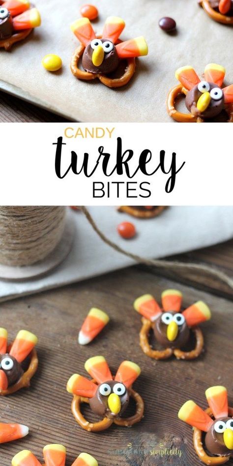 These Candy Pretzel Turkey Bites are a tasty and adorable treat. The perfect easy dessert idea for your Thanksgiving party or celebration! Turkey Bites, Candy Turkeys, Bites Desserts, Thanksgiving Snacks, Thanksgiving Desserts Easy, Thanksgiving Treats, Holiday Snacks, Thanksgiving Appetizers, Gobble Gobble