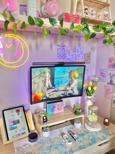 Zelda Gaming Setup, Switch Desk Setup, Switch Gaming Setup, Desk Setup Gaming, Totk Zelda, Cozy Desk Setup, Desk Aesthetic, Cozy Desk, Dream Desk