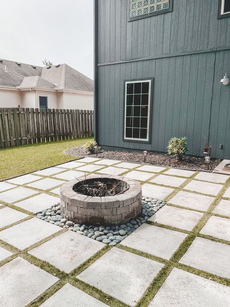 DIY patio with grass between pavers and a fire pit! Paver Fire Pit Diy, Patio With Pavers And Fire Pit, Grill Paver Patio, Paving Stone Fire Pit Area, Outdoor Patio With Pavers, Pavers Fire Pit Area, Diy Back Patio Ideas, Diy Paver Patio Cheap, Cheap Paver Patio Ideas