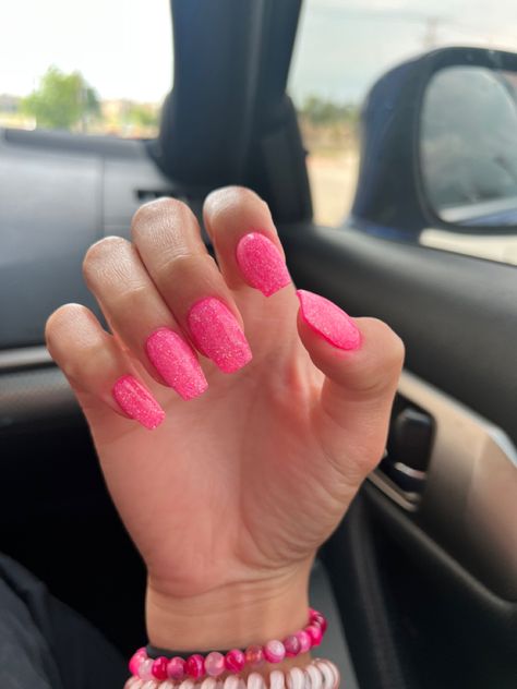 Pink Soarkly Nails, Hot Pink With Glitter Nails, Bright Pink Sparkle Nails, Hot Pink Glittery Nails, Hot Pink Glitter Nails Acrylic, Hot Pink Homecoming Nails, Prom Nails Hot Pink, Prom Nails Pink Dress, Nails For Hot Pink Dress