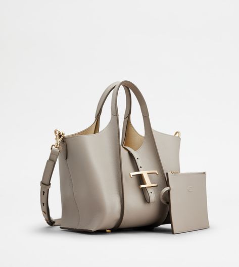 Woman GREY T Timeless Shopping Bag in Leather Mini XBWTSBA9100Q8EPZB221 | Tods Leather Zip Pouch, Tods Bag, Timeless Bags, Luxury Bags Collection, Bag Obsession, Grey Bag, Mode Casual, Chic Bags, Handbags Online