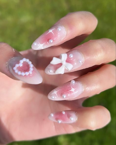 #gelnails #koreannailart #nails #naildesign #coquette #aesthetic Nail Extension Designs Coquette, Cocette Nail Ideas, Croquette Nails Aesthetic, Gel Nails With Charms, Couqutte Nail Ideas, Wonyoung Nails, Coquette Nails Aesthetic, Coquette Nails, Band Nails