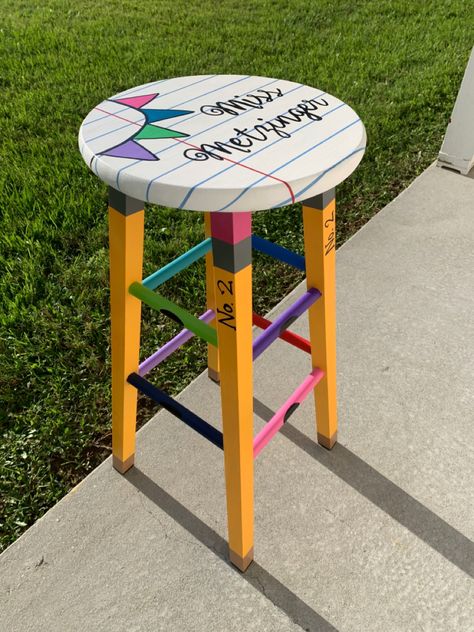 Customize a super cute classroom stool! Add your name or specific colors. These are all hand painted and take about 2-3 weeks. This item is 30” but also comes in 24” and 18” Teacher Stools Painted Diy, Painted Teacher Stool, Teacher Stool, Teacher Stools, Classroom Stools, Teacher Chairs, Cute Classroom, Painting Teacher, Appreciation Gifts Diy