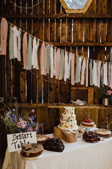 Dessert Table Cakes Rag Bunting Decor North Yorkshire Barn Wedding Photography34 #wedding #desserttable #weddingcake Bunting Wedding Decoration, Wedding Bunting Rustic, Diy Wedding Bunting, Wedding Reception Diy Decorations, Rag Bunting Wedding, Summer Wedding Decor Ideas, Rustic Farm Wedding Ideas, At Home Wedding Decor, Rustic Dessert Table Wedding