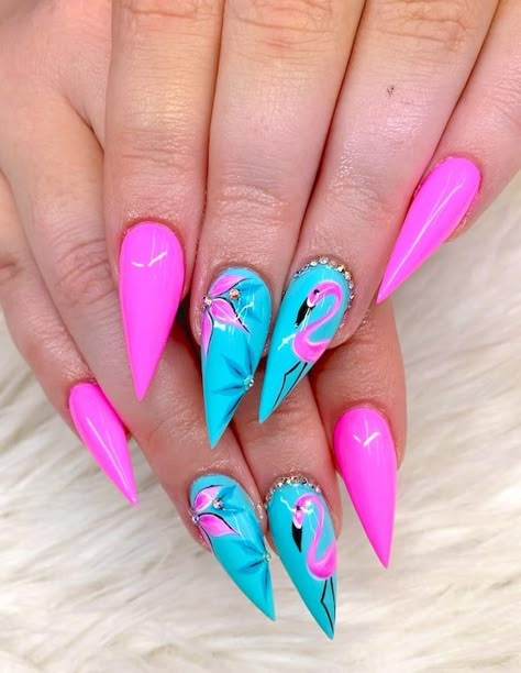 Flamingo pink and blue bright summer stiletto nails. Bright Summer Nails Almond, Bright Summer Nails Almond Shape, Bright Summer Nails Short, Summer Nails Almond Shape, Summer Stiletto Nails, Summer Holiday Nails, Bright Summer Nails Designs, Summer Nails Almond, Bright Pink Nails