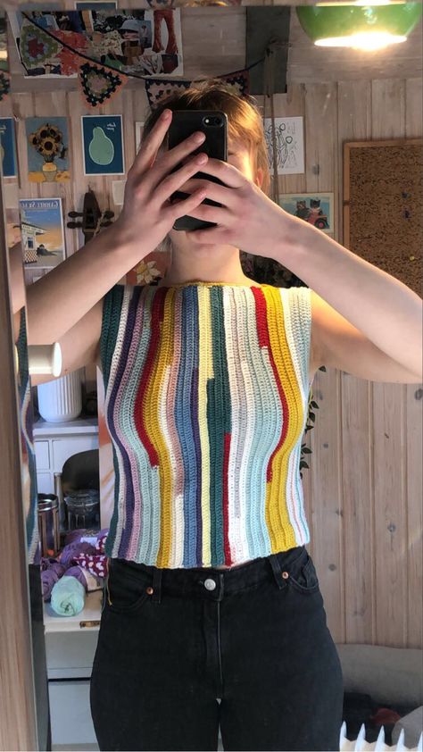 Multi Colored Crochet Top, Multi Colored Yarn Crochet Projects, Scrap Yarn Crochet Top, Summer Multicolor Knit Crochet Top, Crochet Top Multicolor, Multicolored Crochet Top, Multicolour Crochet Top, Multicolor Knit Vest Top, Multicolor Sleeveless Crochet Top